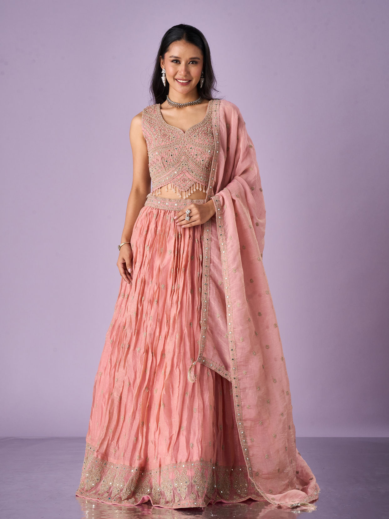 Mohey Women Pink Organza Lehenga with Hand Embroidery