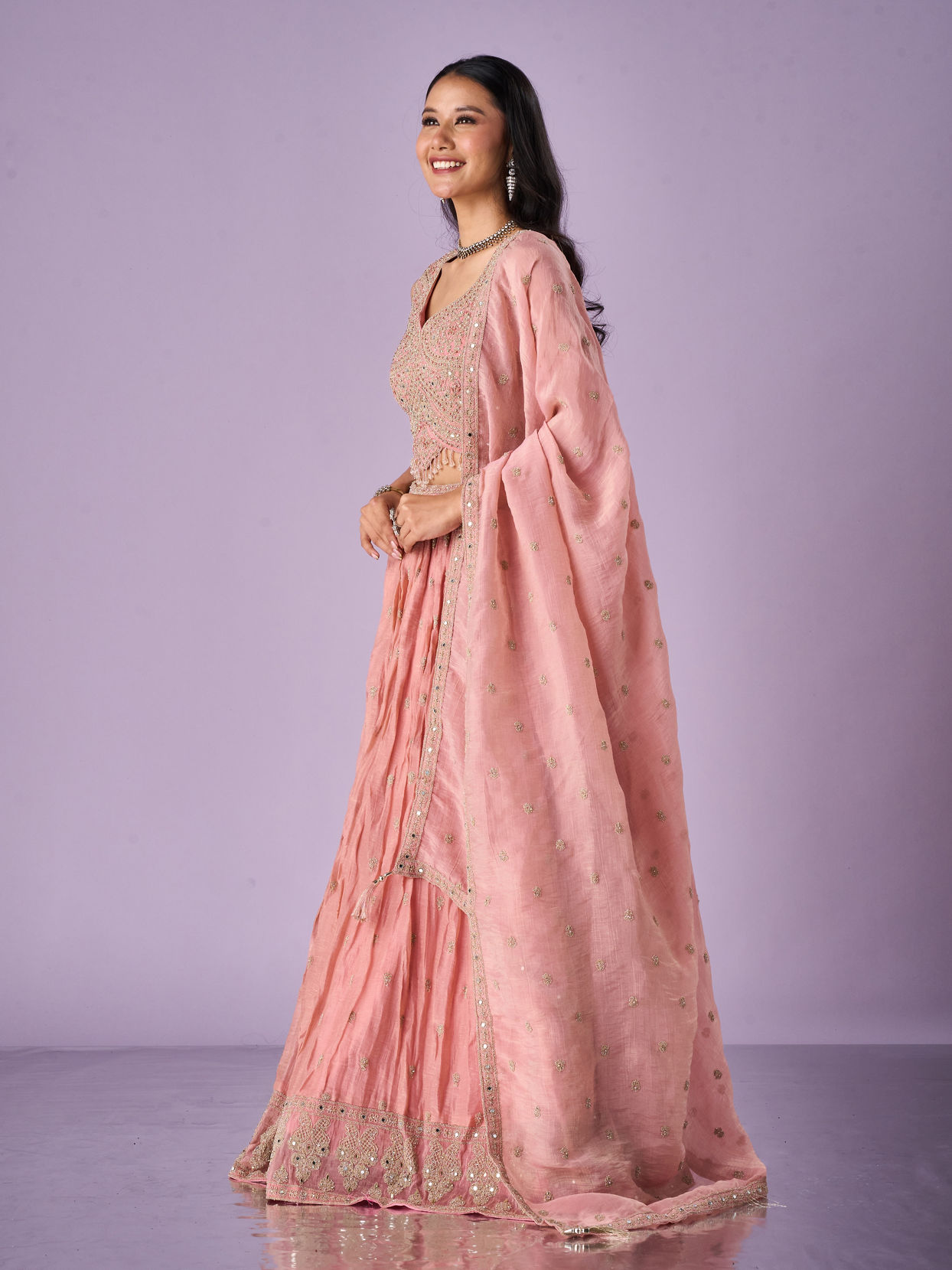 Mohey Women Pink Organza Lehenga with Hand Embroidery