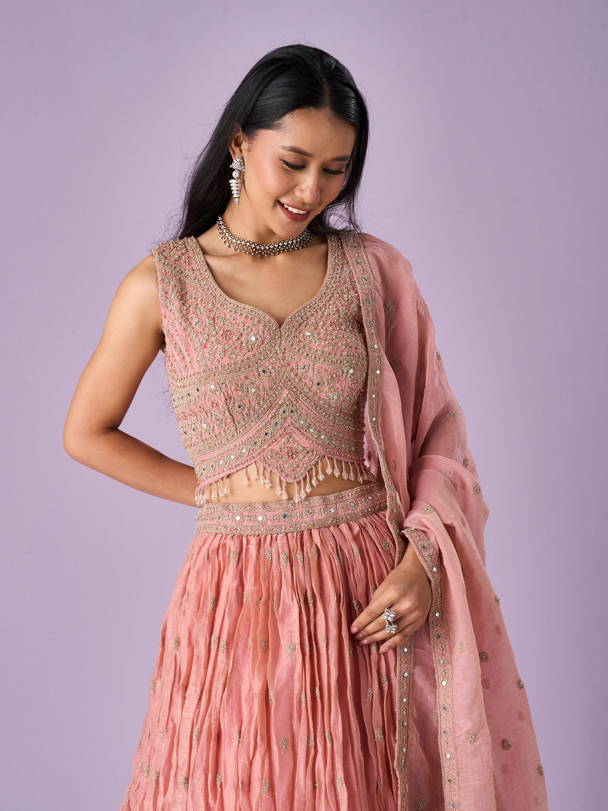 Mohey Women Pink Organza Lehenga with Hand Embroidery