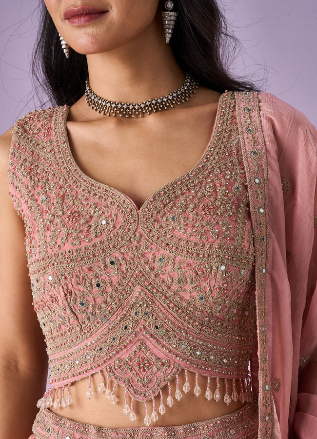 Mohey Women Pink Organza Lehenga with Hand Embroidery