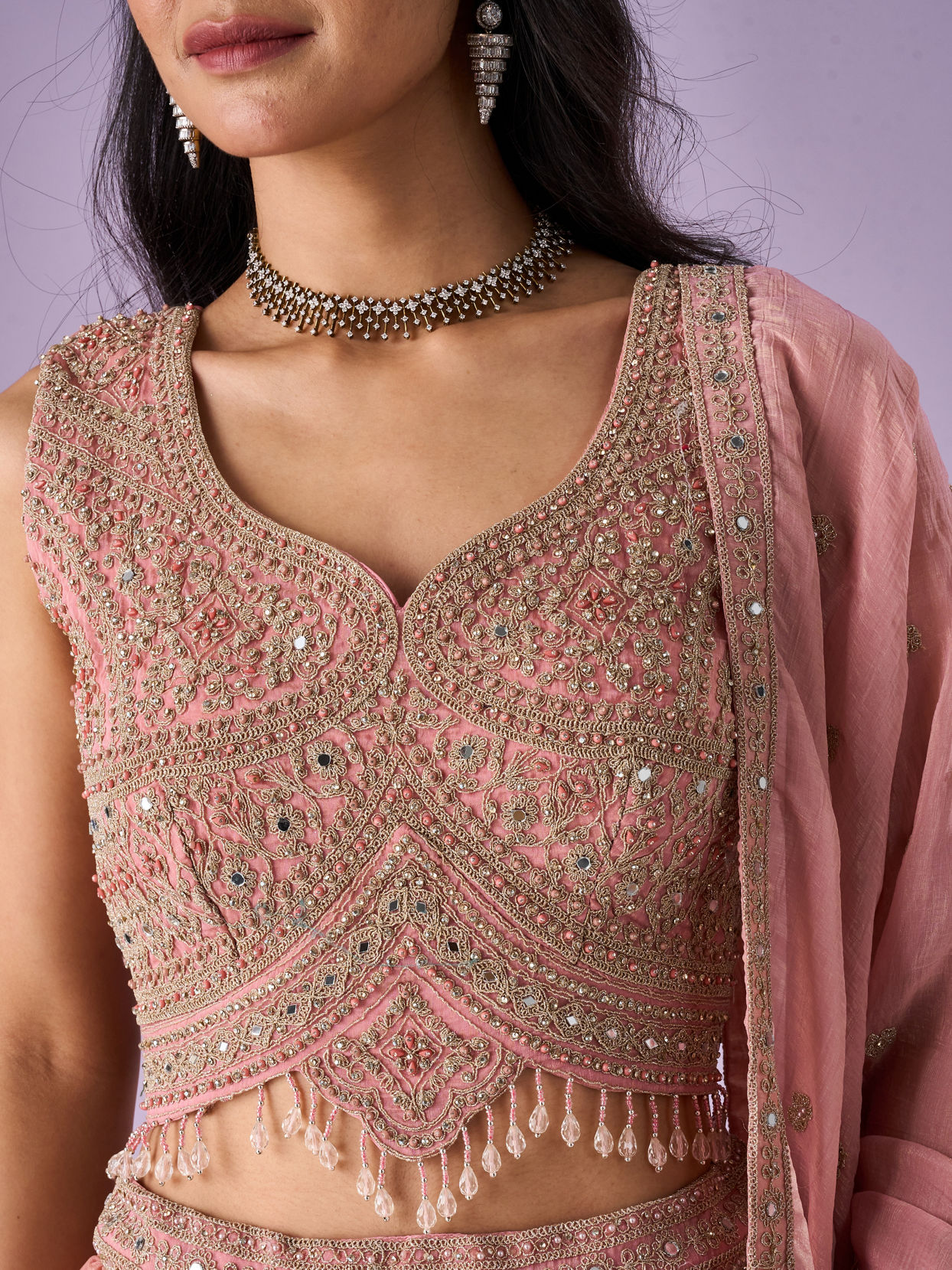 Mohey Women Pink Organza Lehenga with Hand Embroidery