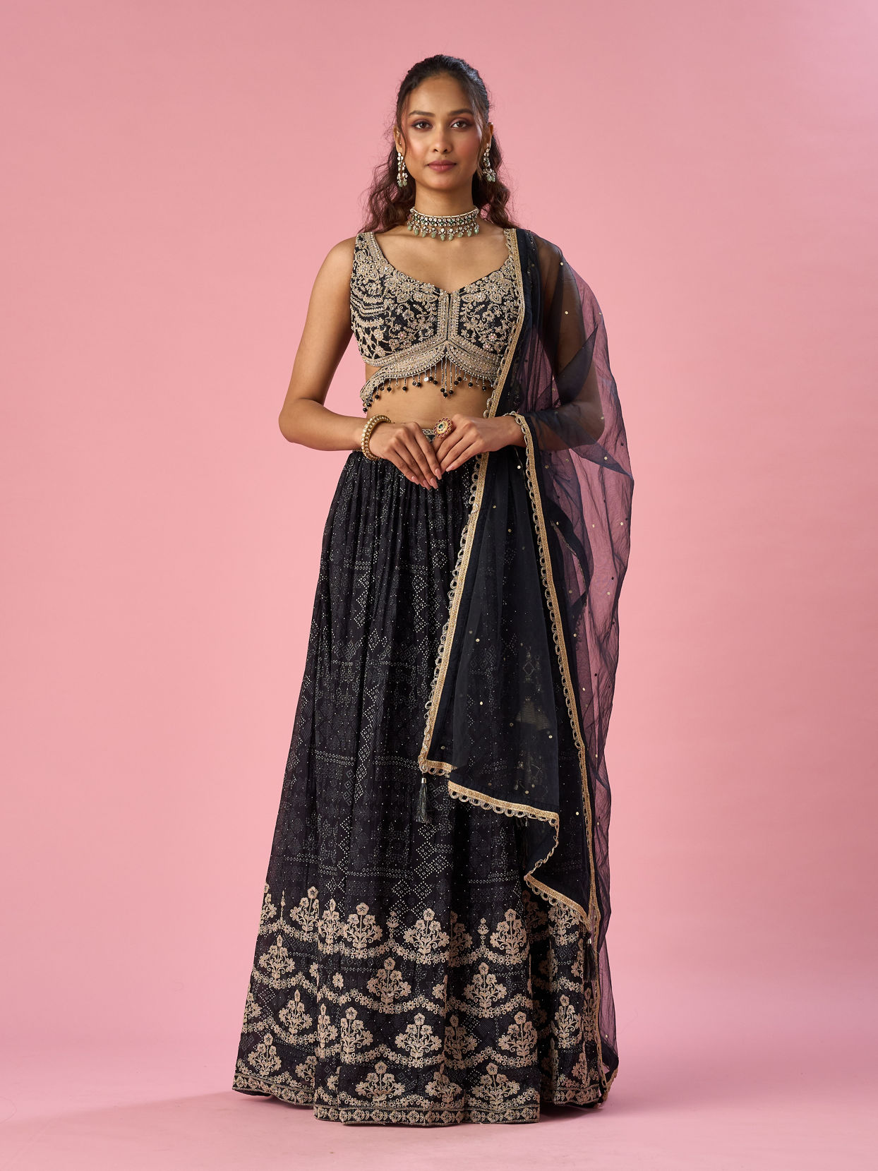 Mohey Women Black Chinon Lehenga with Hand Embroidery