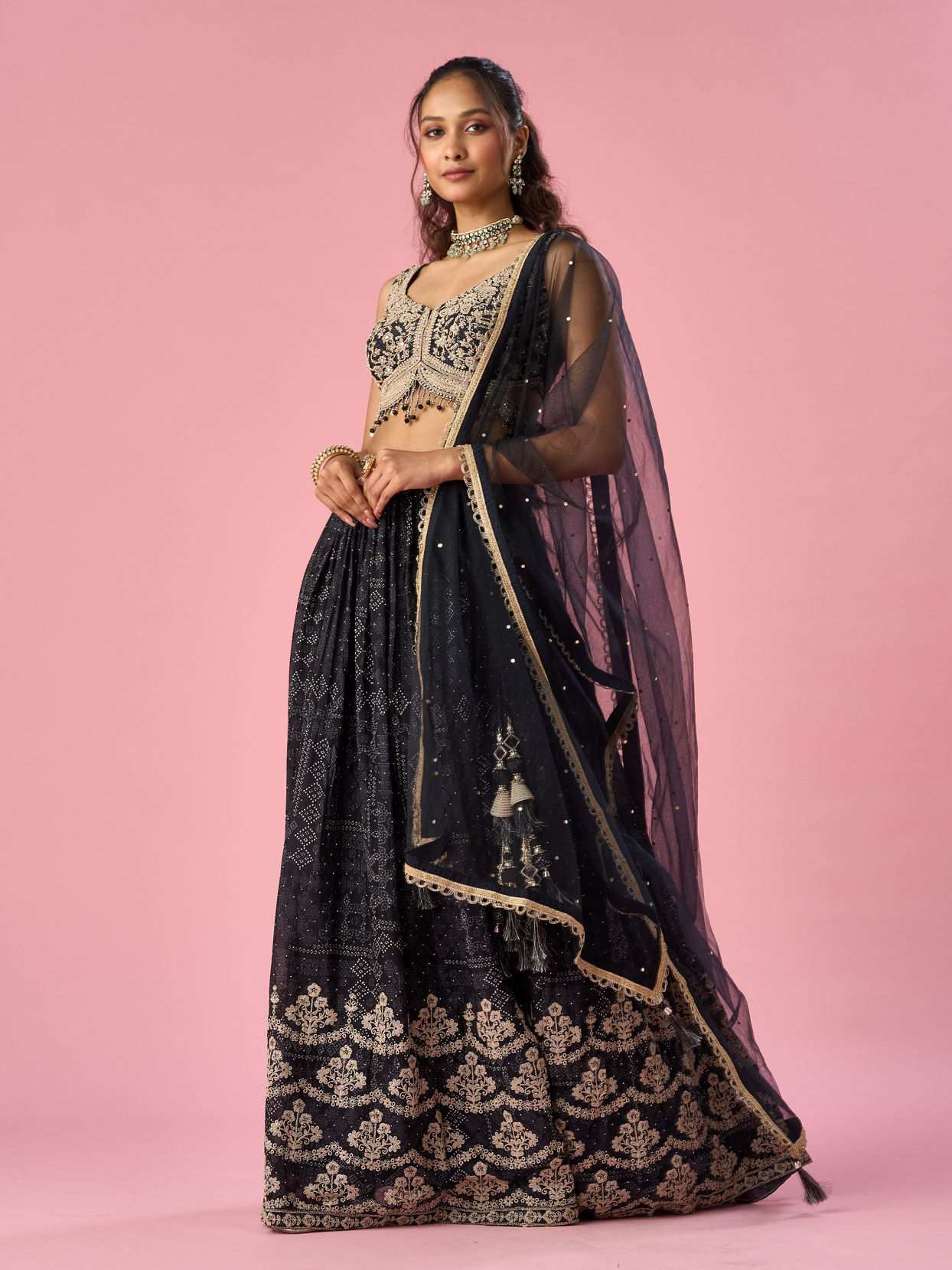 Mohey Women Black Chinon Lehenga with Hand Embroidery