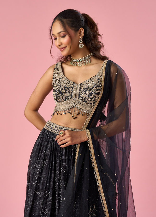 Mohey Women Black Chinon Lehenga with Hand Embroidery