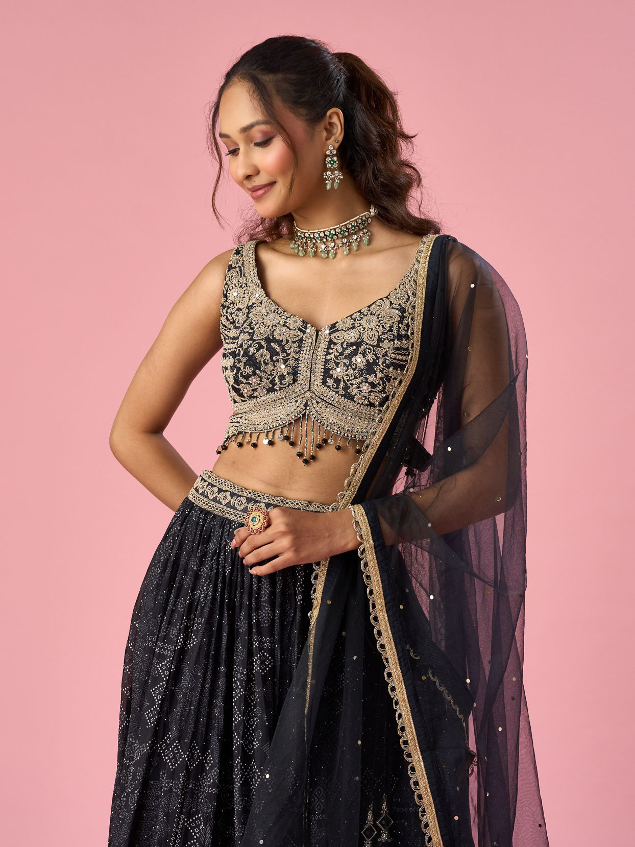 Mohey Women Black Chinon Lehenga with Hand Embroidery