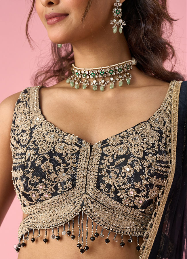 Mohey Women Black Chinon Lehenga with Hand Embroidery