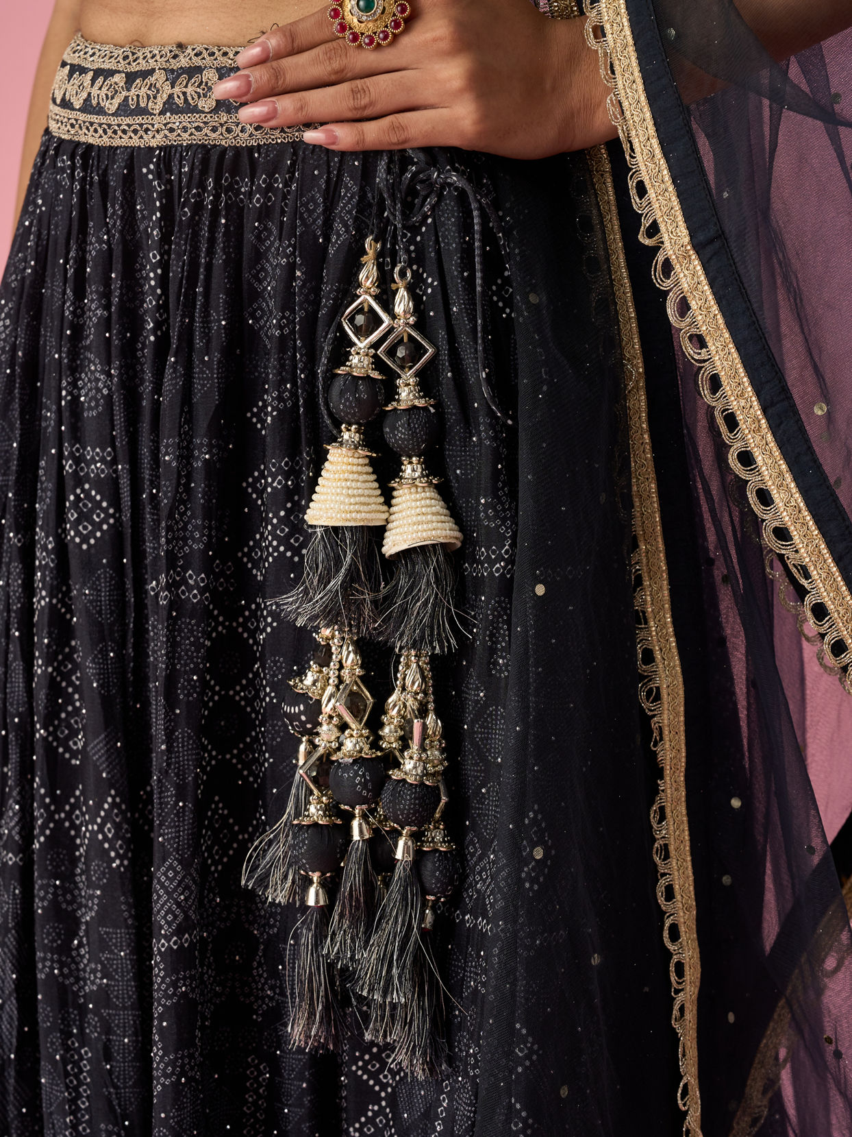 Mohey Women Black Chinon Lehenga with Hand Embroidery