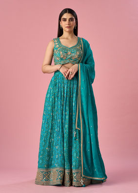 Mohey Women Green Chinon Lehenga with Hand Embroidery