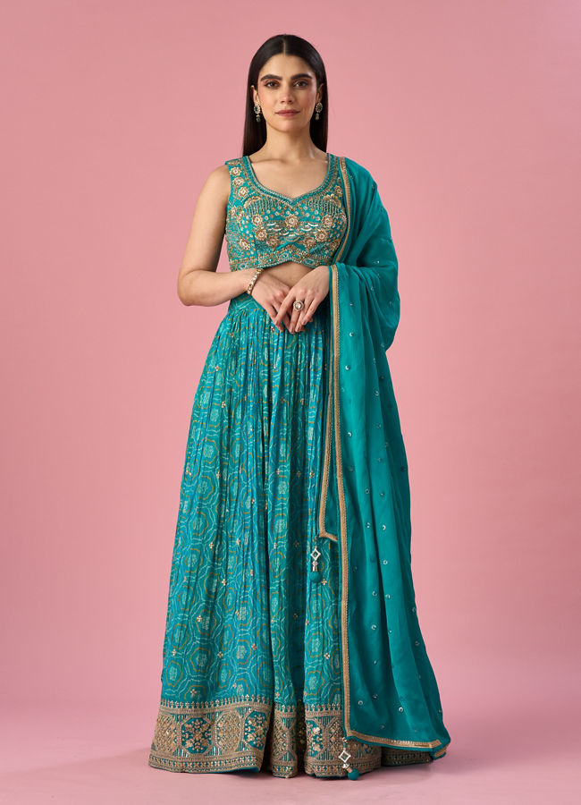 Mohey Women Green Chinon Lehenga with Hand Embroidery