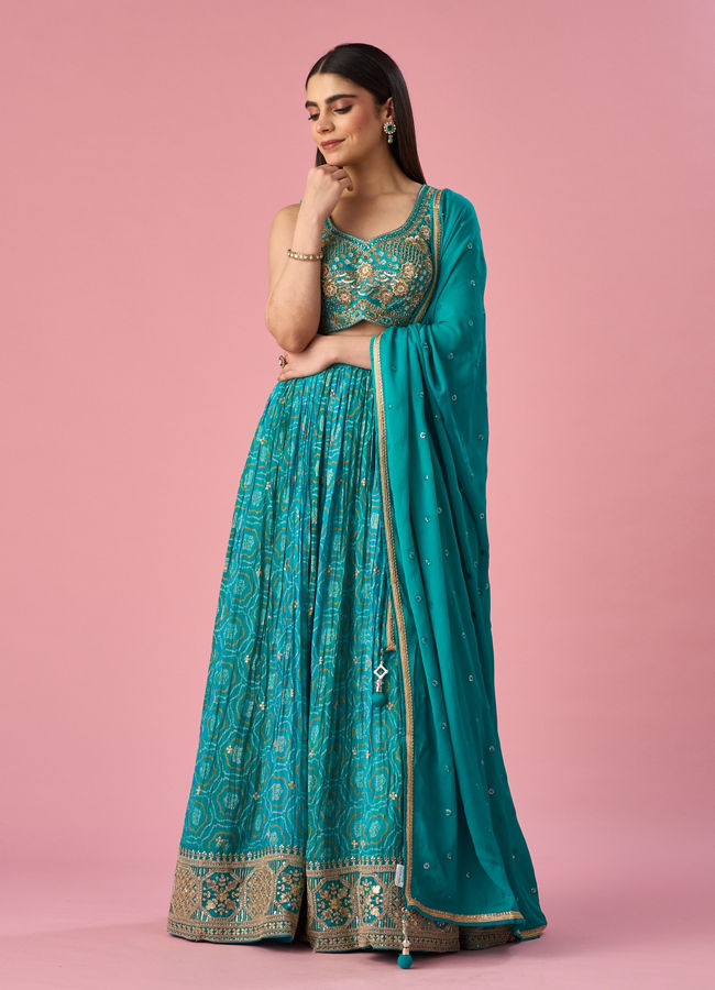 Mohey Women Green Chinon Lehenga with Hand Embroidery