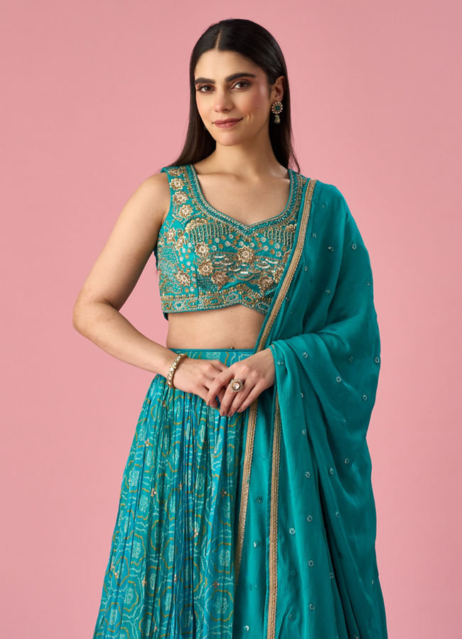 Mohey Women Green Chinon Lehenga with Hand Embroidery
