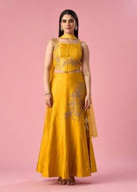 Mohey Women Mustard Yellow Art Silk Lehenga with Stone Work