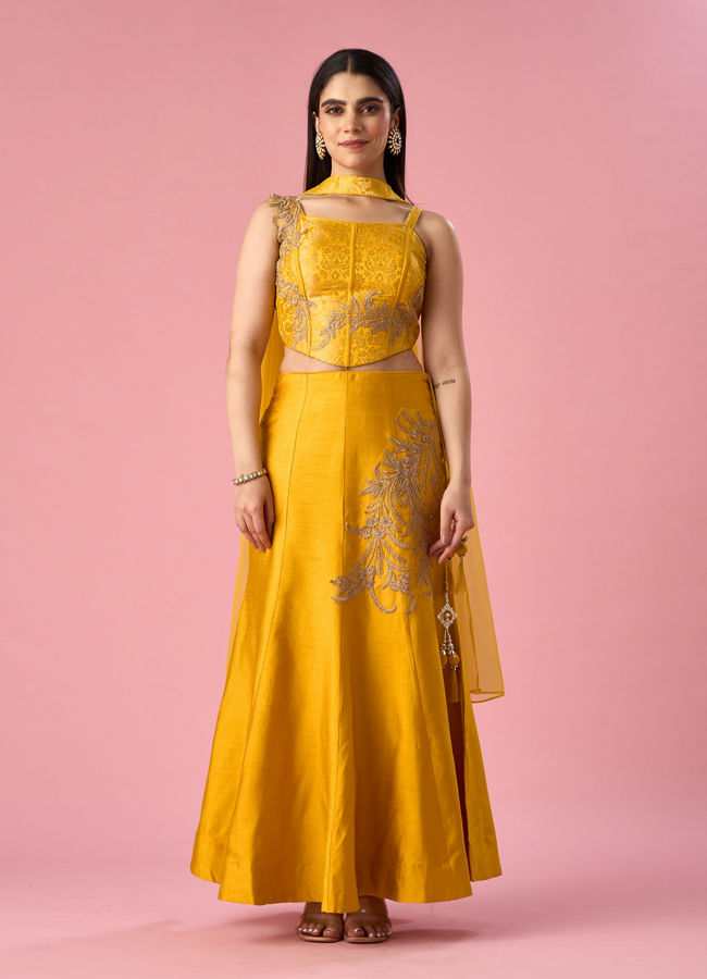 Mohey Women Mustard Yellow Art Silk Lehenga with Stone Work