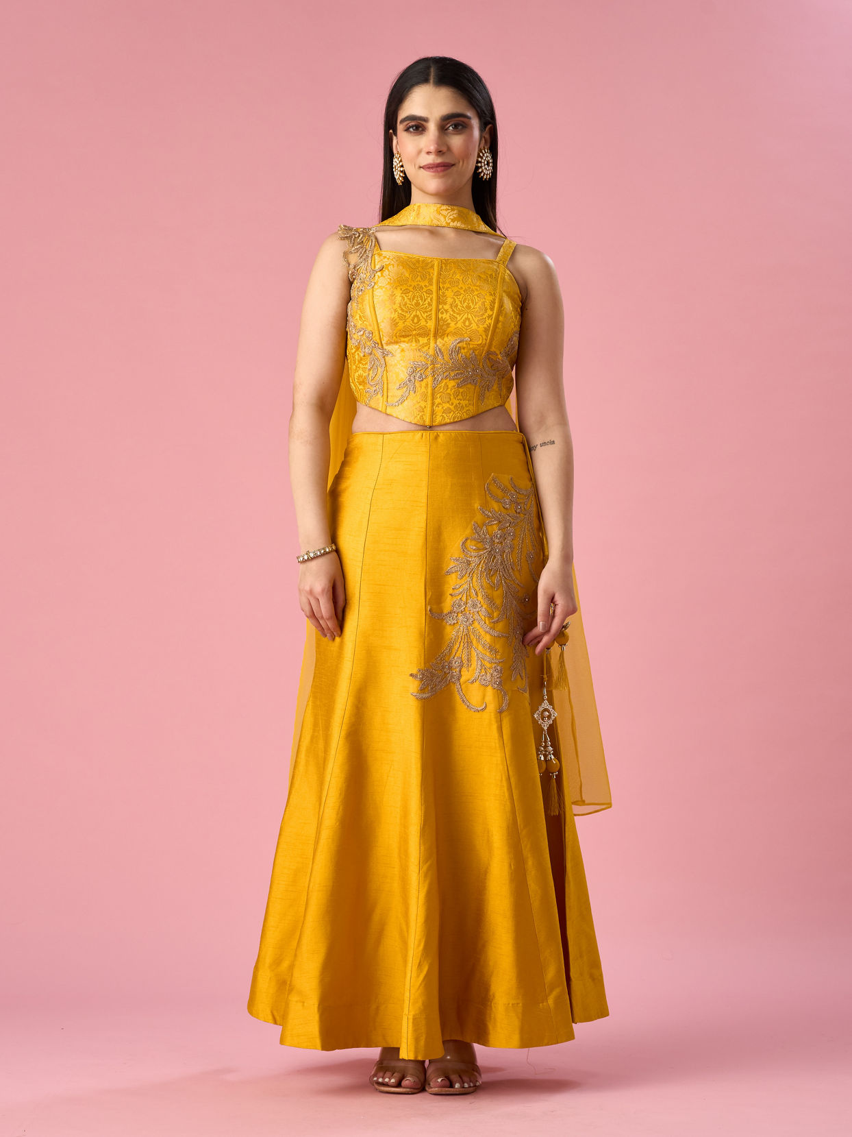 Mohey Women Mustard Yellow Art Silk Lehenga with Stone Work