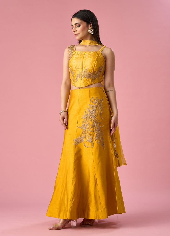 Mohey Women Mustard Yellow Art Silk Lehenga with Stone Work