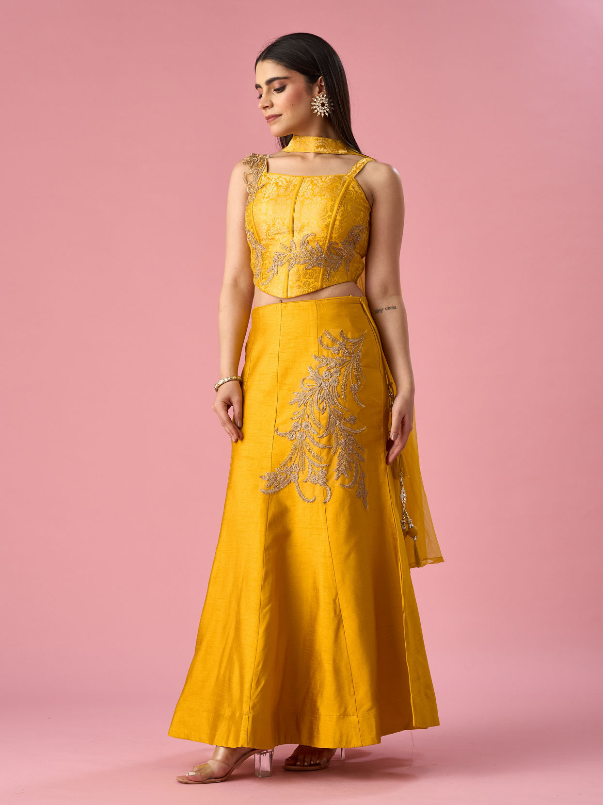 Mohey Women Mustard Yellow Art Silk Lehenga with Stone Work