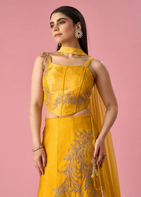 Mohey Women Mustard Yellow Art Silk Lehenga with Stone Work
