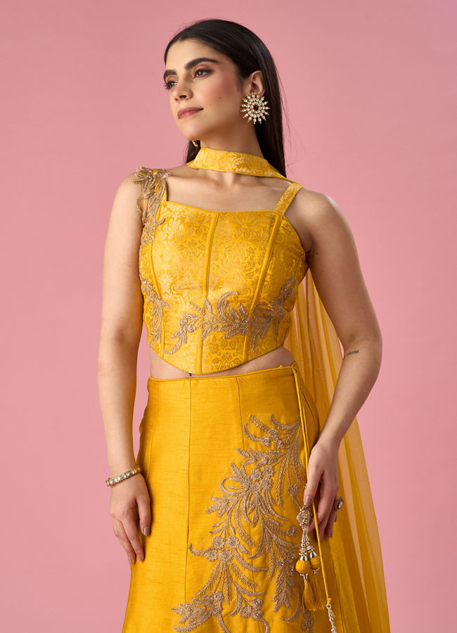 Mohey Women Mustard Yellow Art Silk Lehenga with Stone Work