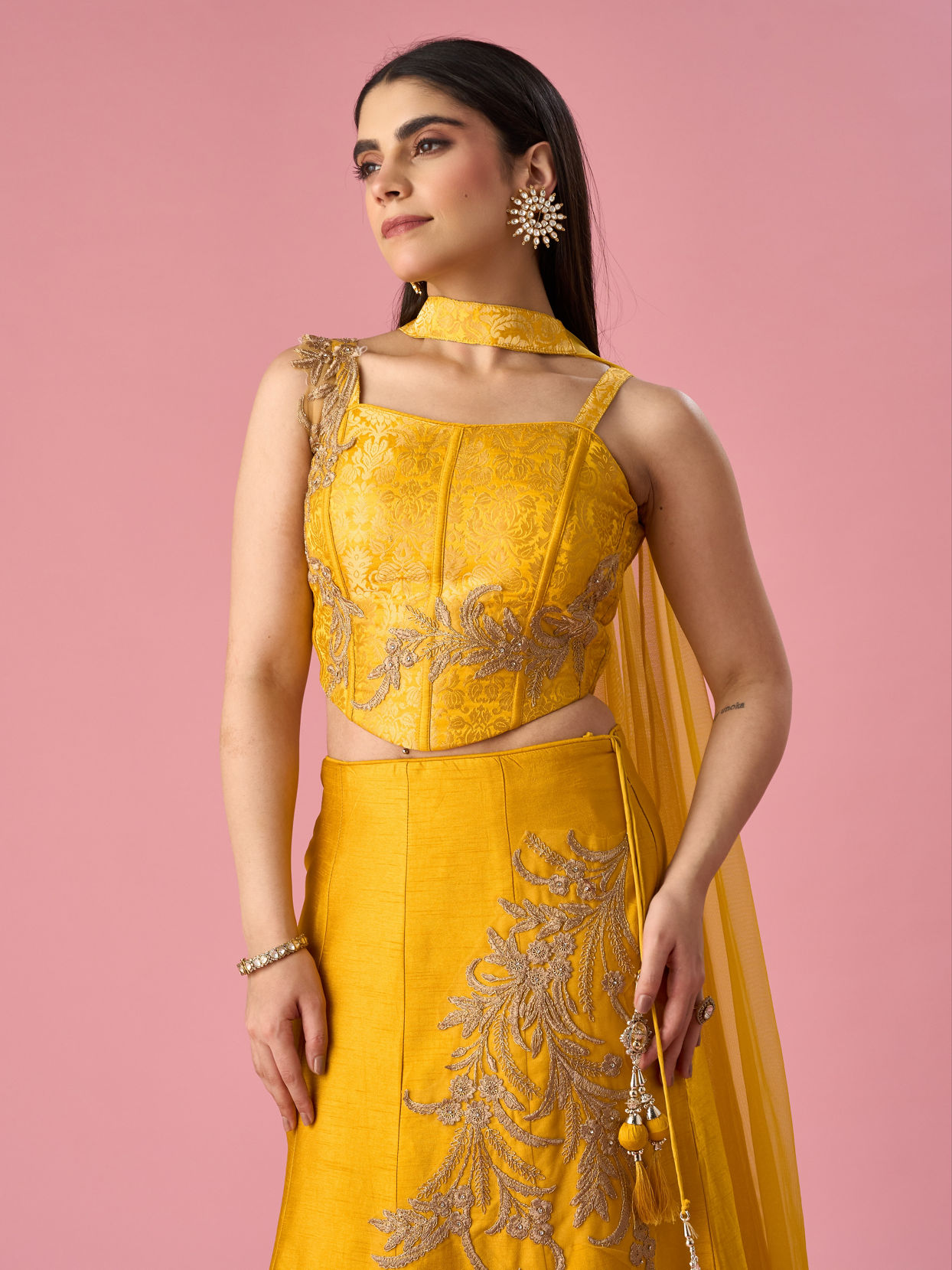 Mohey Women Mustard Yellow Art Silk Lehenga with Stone Work