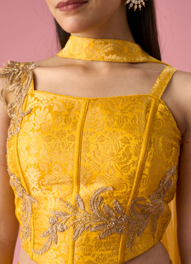 Mohey Women Mustard Yellow Art Silk Lehenga with Stone Work