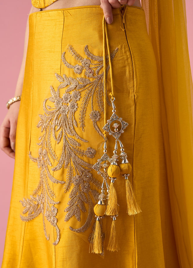 Mohey Women Mustard Yellow Art Silk Lehenga with Stone Work