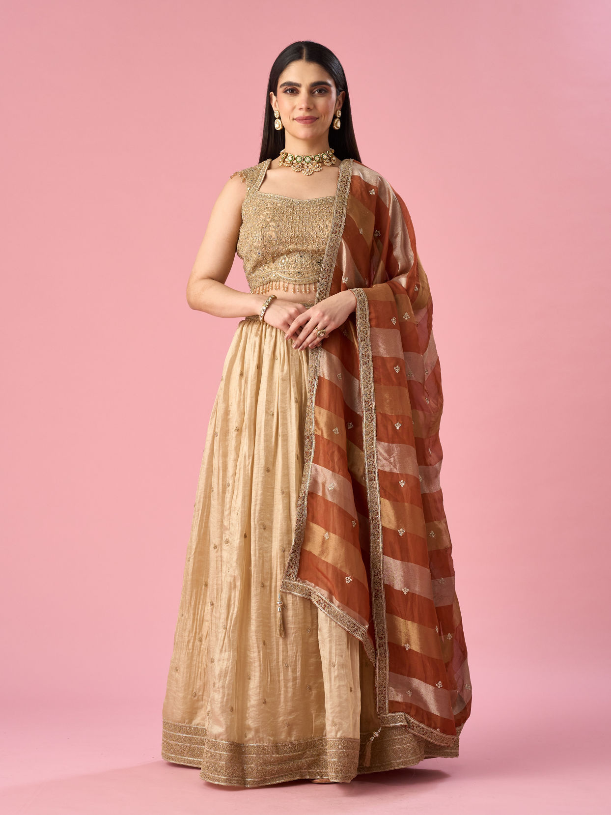 Mohey Women Beige Chinon Lehenga with Hand Embroidery