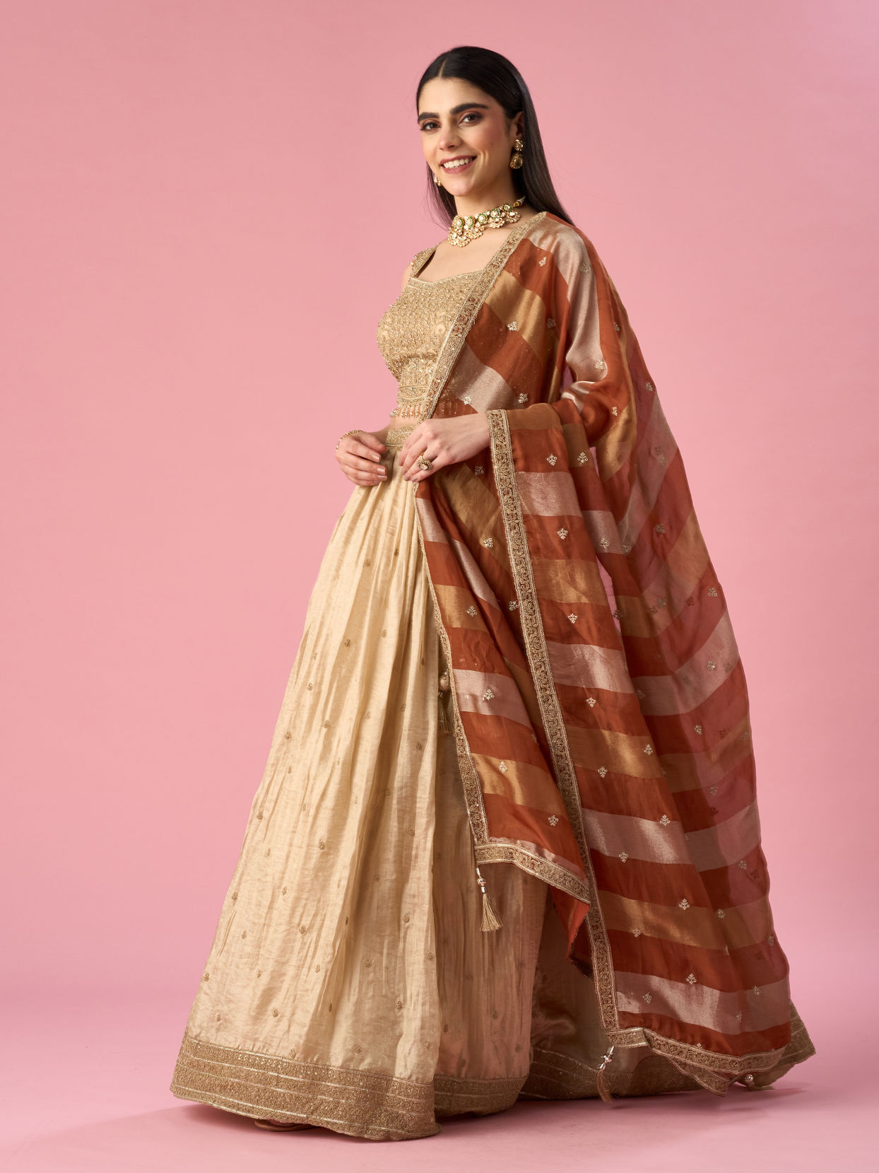 Mohey Women Beige Chinon Lehenga with Hand Embroidery