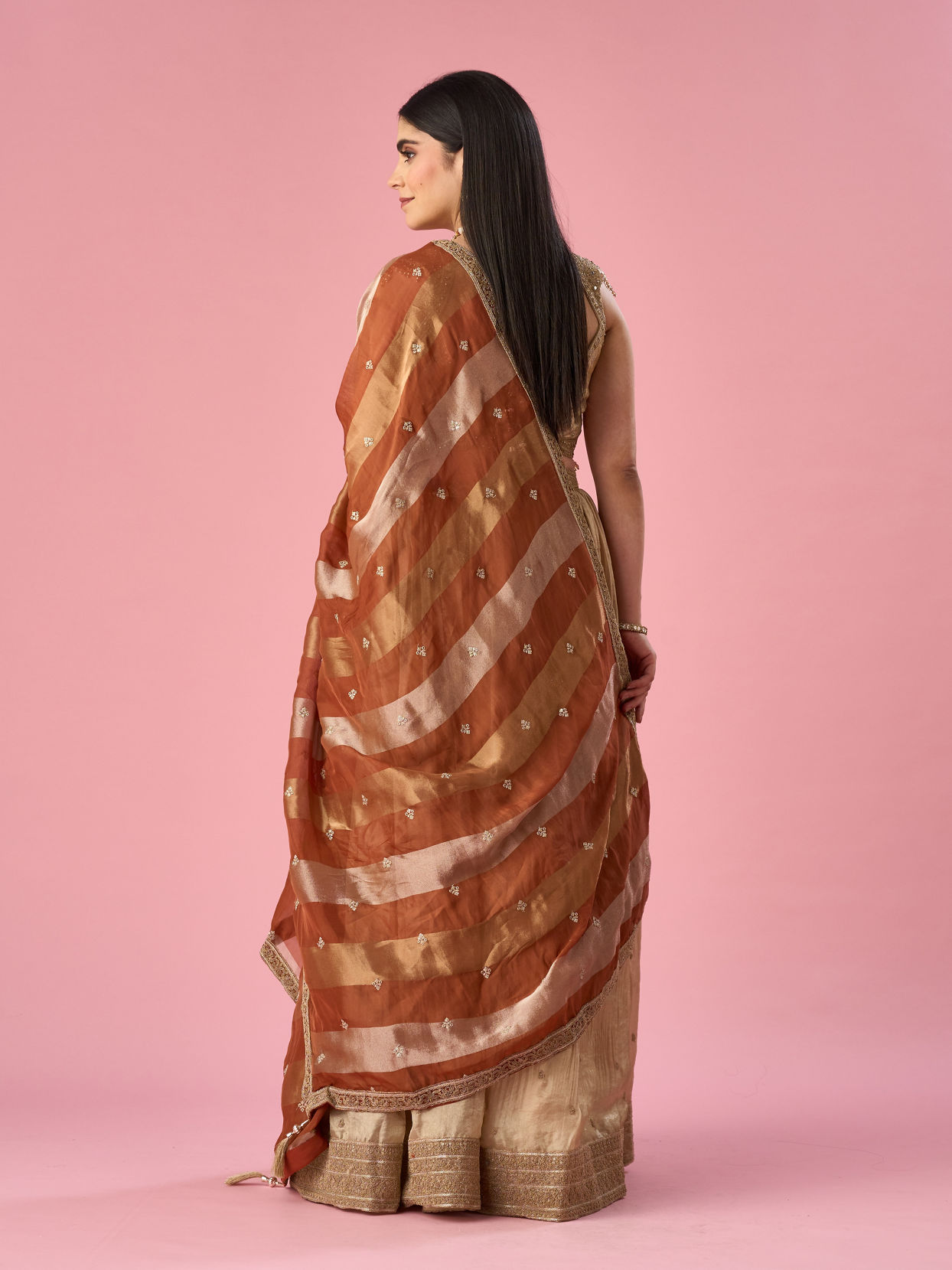 Mohey Women Beige Chinon Lehenga with Hand Embroidery