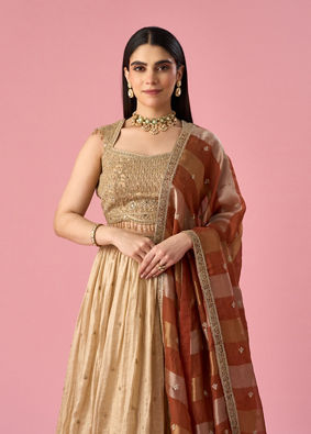 Mohey Women Beige Chinon Lehenga with Hand Embroidery