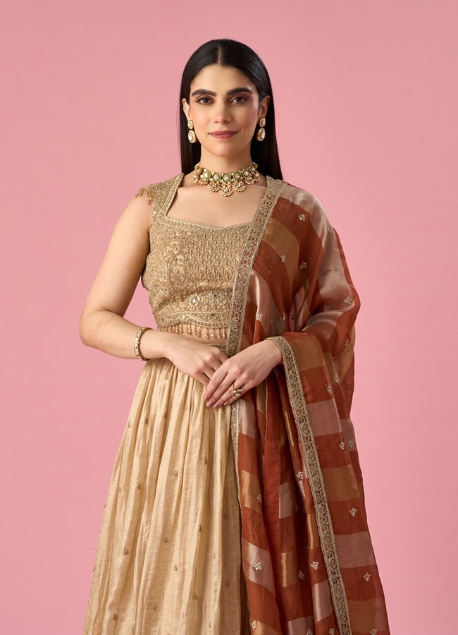 Mohey Women Beige Chinon Lehenga with Hand Embroidery