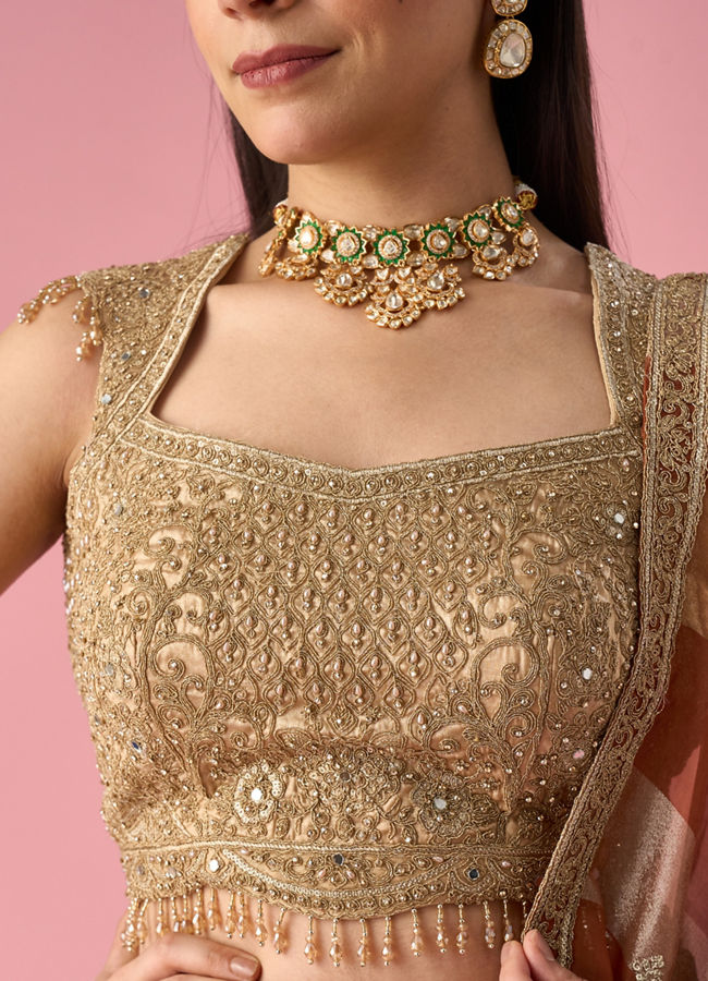 Mohey Women Beige Chinon Lehenga with Hand Embroidery