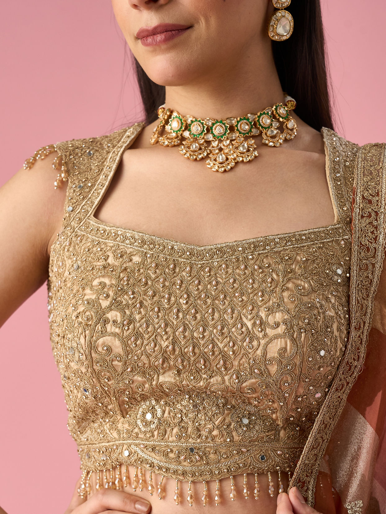 Mohey Women Beige Chinon Lehenga with Hand Embroidery