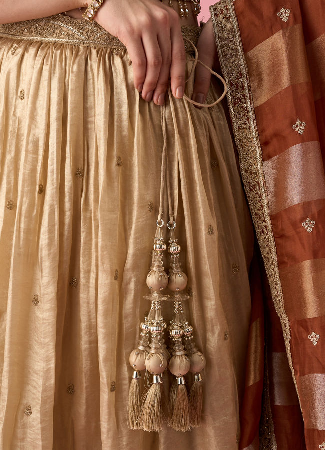 Mohey Women Beige Chinon Lehenga with Hand Embroidery