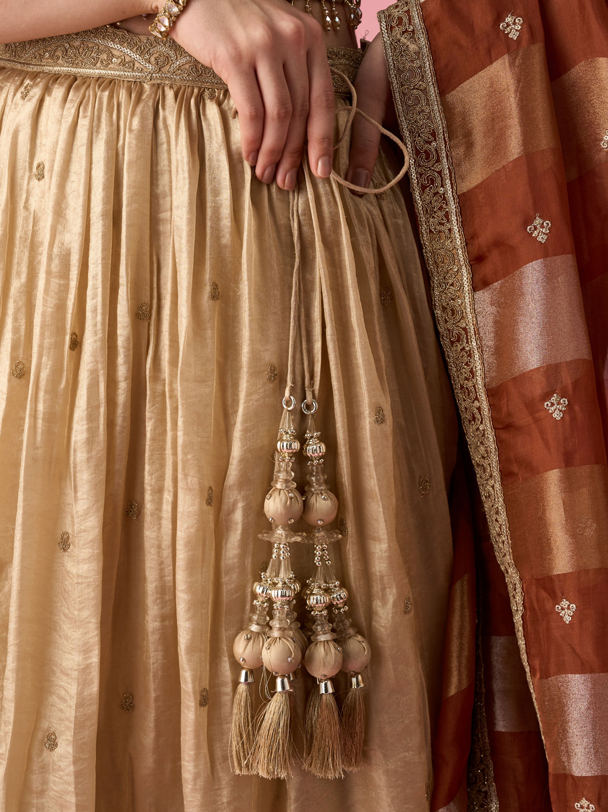 Mohey Women Beige Chinon Lehenga with Hand Embroidery