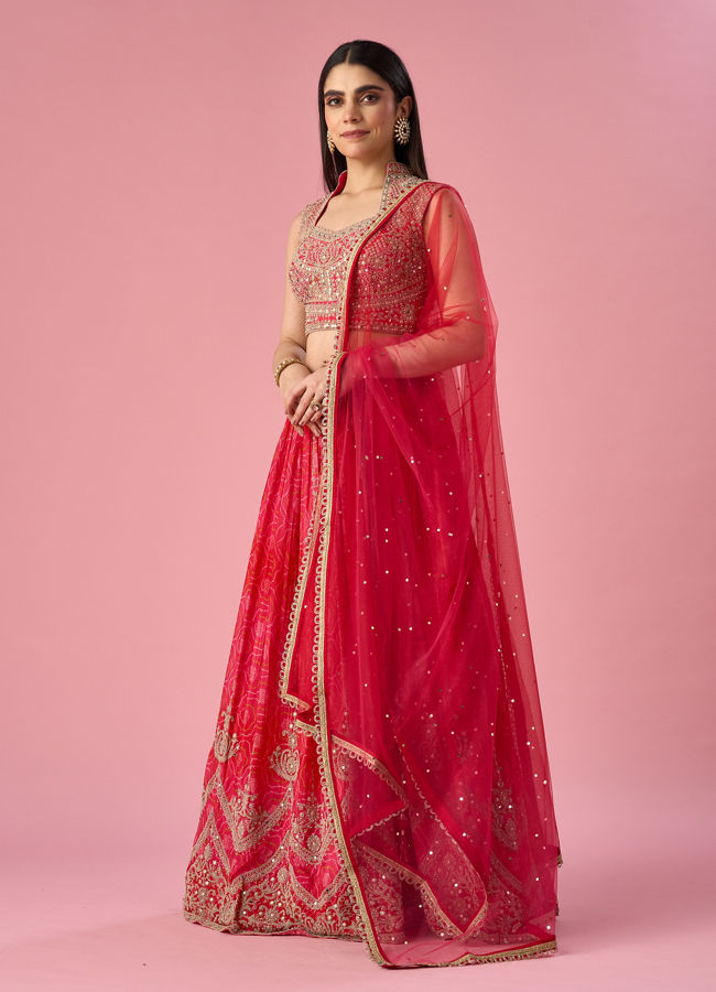 Mohey Women Pink Chinon Lehenga with Mirror Work