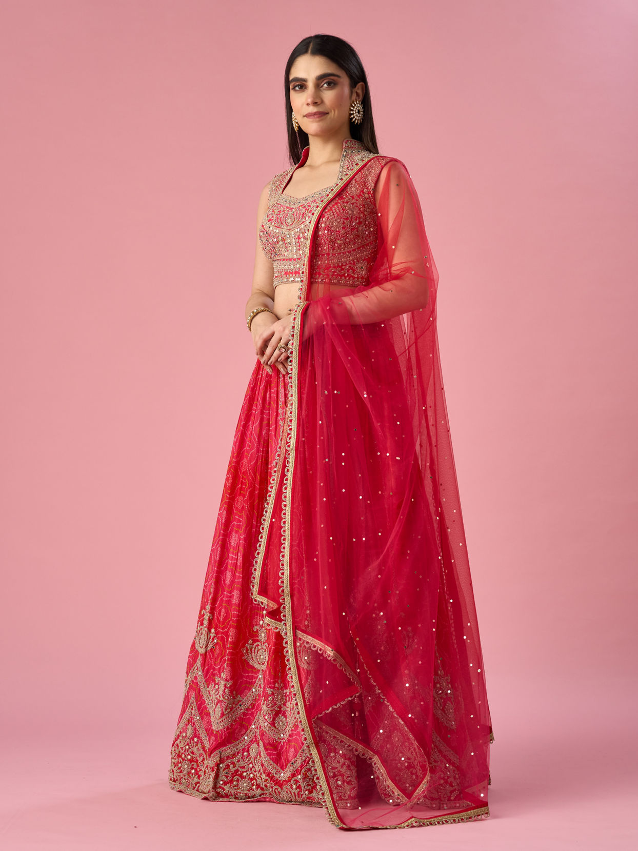 Mohey Women Pink Chinon Lehenga with Mirror Work