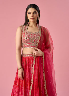 Mohey Women Pink Chinon Lehenga with Mirror Work