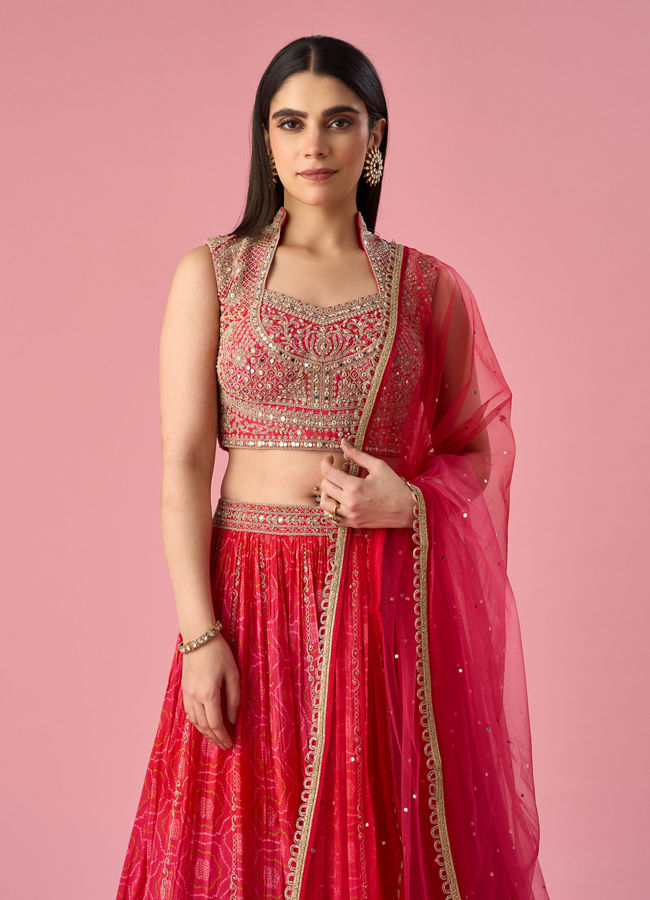 Mohey Women Pink Chinon Lehenga with Mirror Work