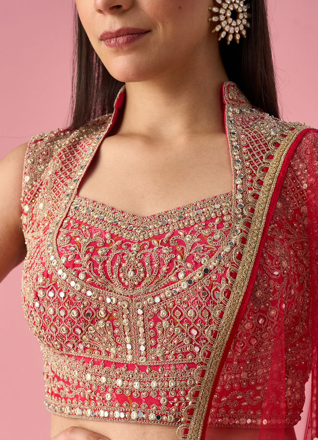 Mohey Women Pink Chinon Lehenga with Mirror Work