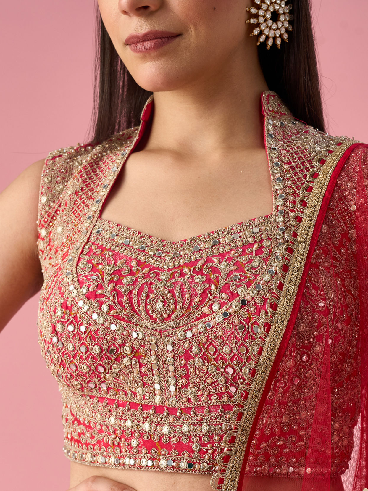 Mohey Women Pink Chinon Lehenga with Mirror Work