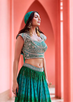 Mohey Women Green Chinon Lehenga with Mirror Work