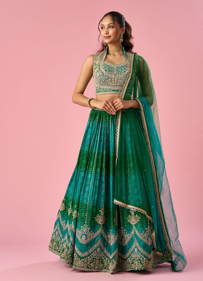 Mohey Women Green Chinon Lehenga with Mirror Work