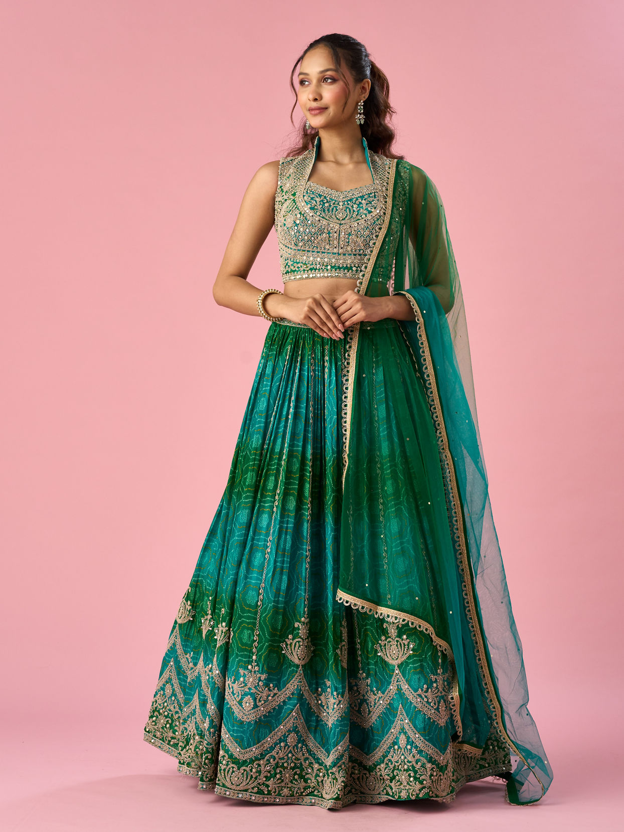 Mohey Women Green Chinon Lehenga with Mirror Work
