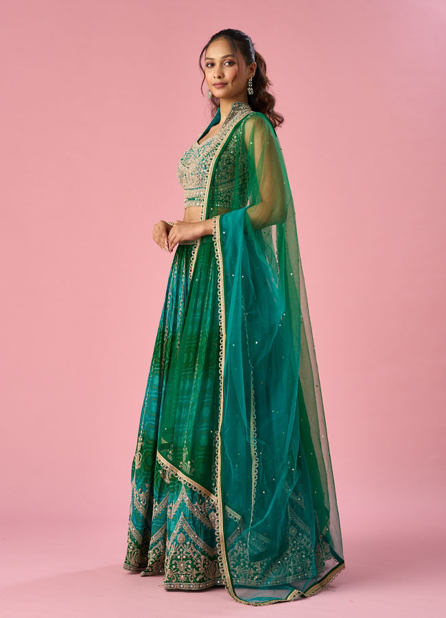 Mohey Women Green Chinon Lehenga with Mirror Work