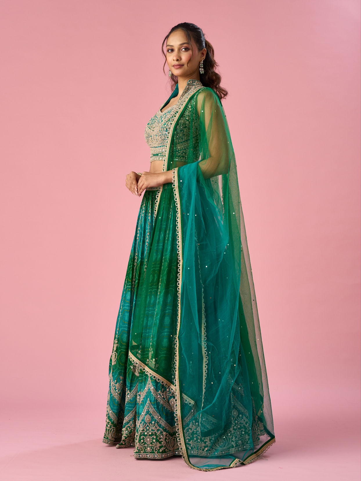 Mohey Women Green Chinon Lehenga with Mirror Work