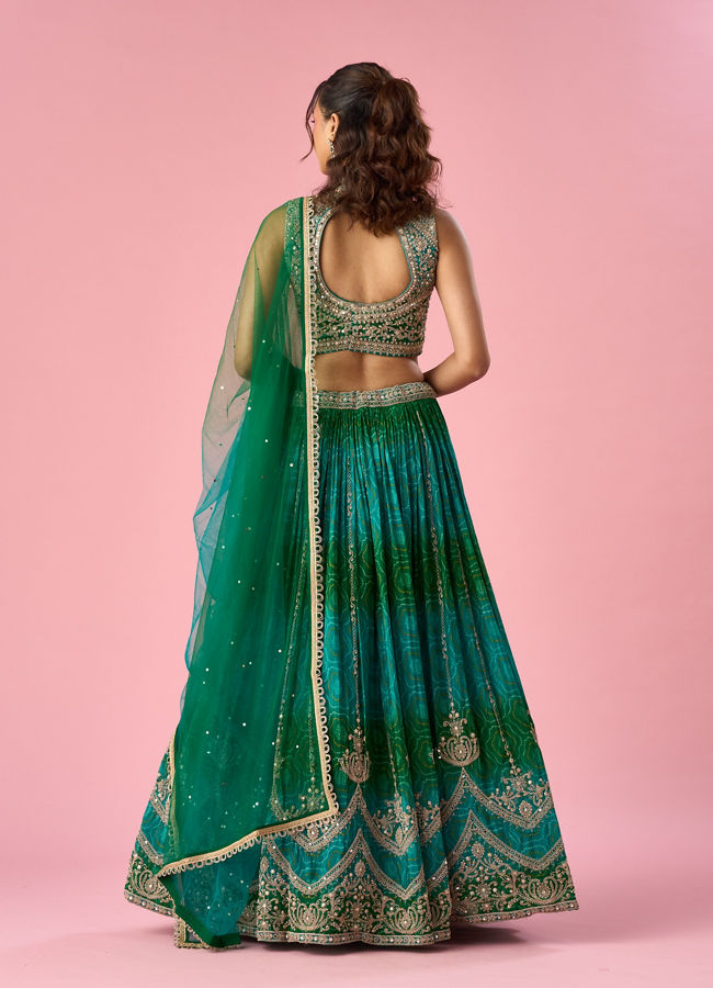 Mohey Women Green Chinon Lehenga with Mirror Work