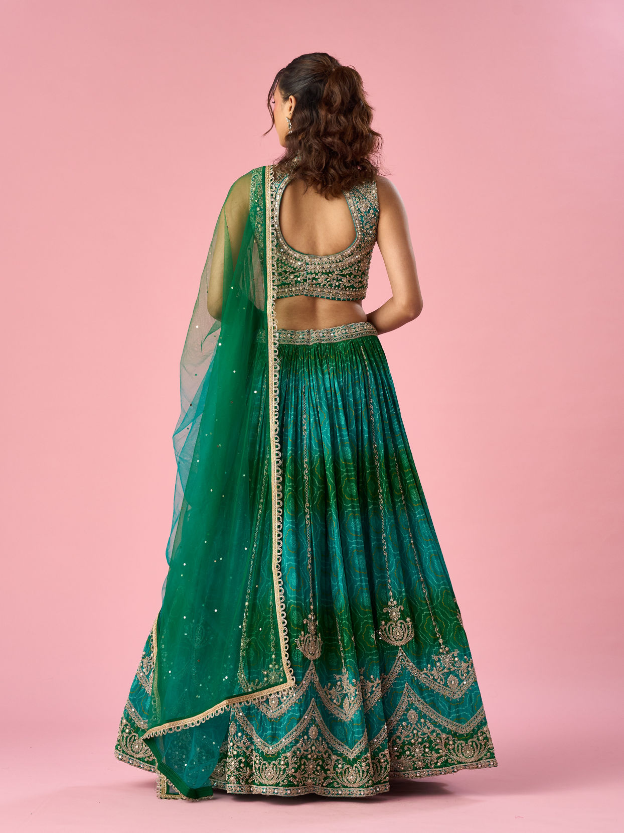Mohey Women Green Chinon Lehenga with Mirror Work