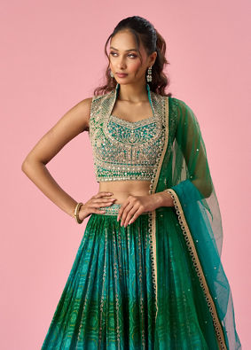 Mohey Women Green Chinon Lehenga with Mirror Work