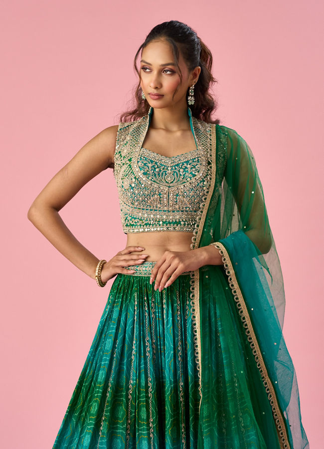 Mohey Women Green Chinon Lehenga with Mirror Work