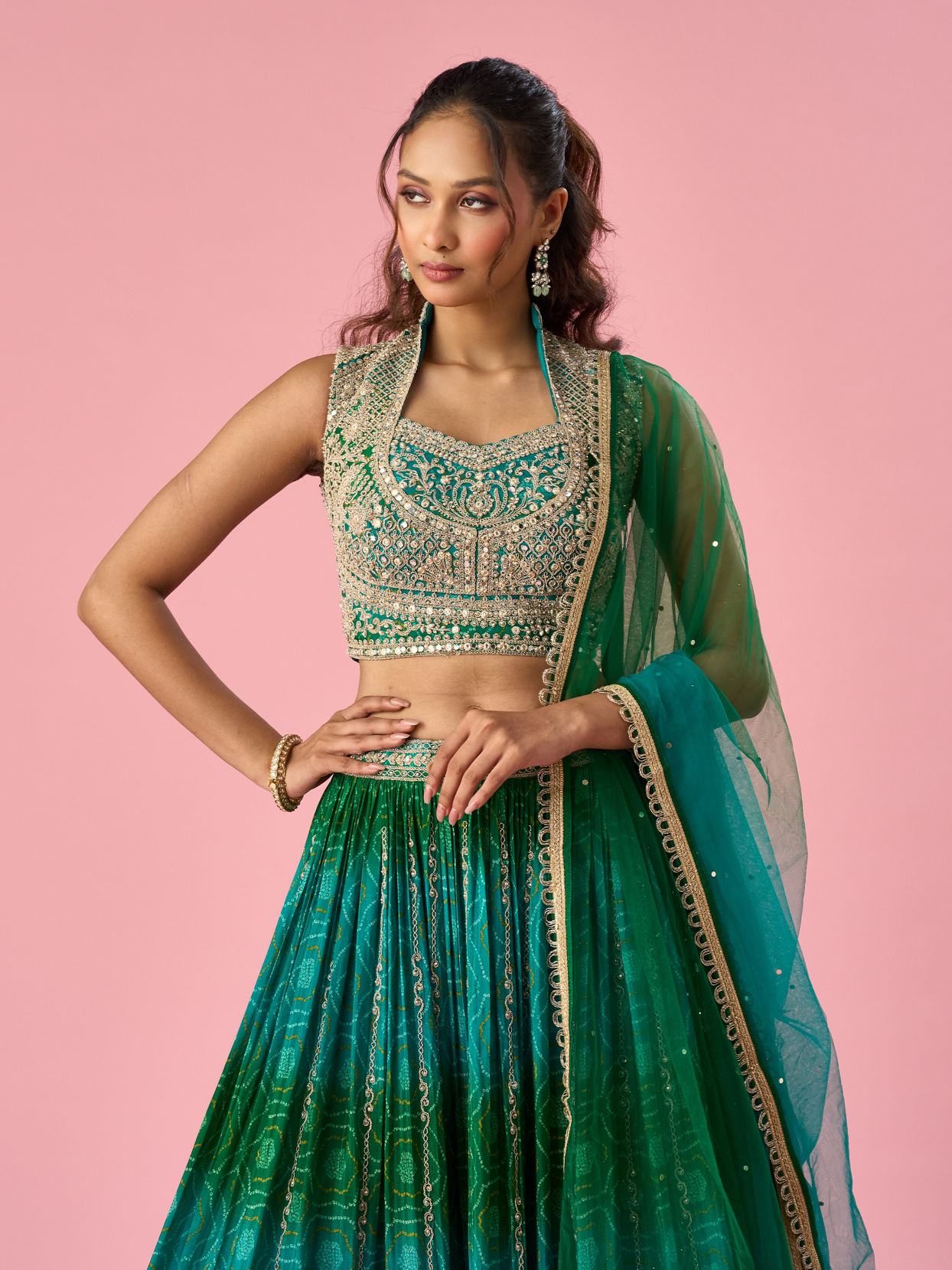 Mohey Women Green Chinon Lehenga with Mirror Work